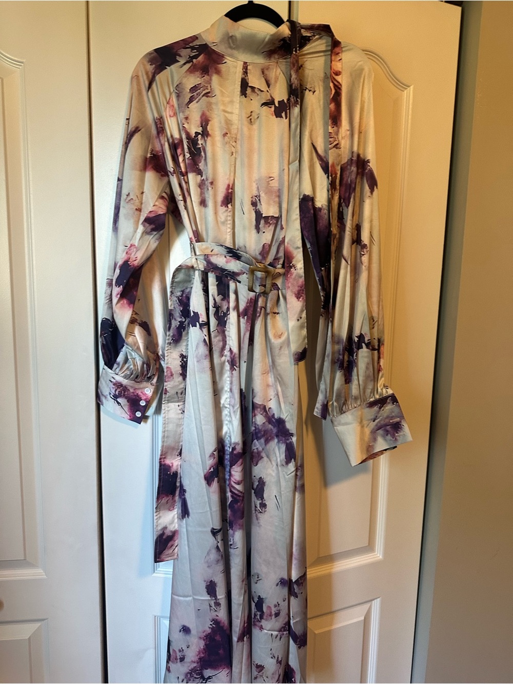 On and Off the Runway beltedLong Sleeve Floral Print Maxi Dress white and purple